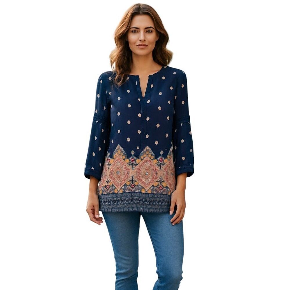 Hint of Mint Navy and Peach Patterned Blouse